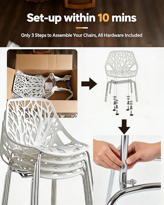 Karl home Stackable Dining Chairs Set of 4, 3-Step Assembly, 350LBS, White | Bird's nest trunk pattern, robust metal frame, 350lbs capacity, plastic construction, for kitchen/dining/bedroom/living room
