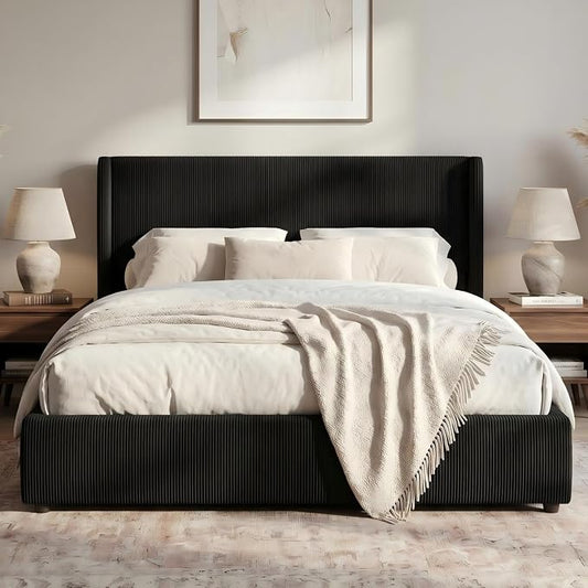 Garvee Queen Lift Up Storage Bed Frame, Corduroy Upholstered Platform Bed with Gas Lift, Padded Headboard, Wooden Slat Support, No Box Spring Needed, Easy Assembly, Black