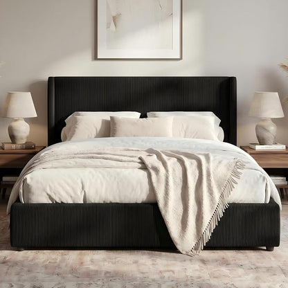 Garvee Full Lift Up Storage Bed Frame, Corduroy Upholstered Platform Bed with Gas Lift, Padded Headboard, Wooden Slat Support, No Box Spring Needed, Easy Assembly, Black