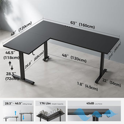 Agilestic L Shaped Standing Desk 63 inch Adjustable Height, Electric Corner Standing Desk, Sit Stand Computer Table with Splice Board, Black