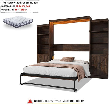 Hlivelood Queen Size Murphy Bed w/2 Storage Cabinet&2 LED Light, Farmhouse Wood Hidden Foldable Wall Bed Frame, Storage Bed Cabinet for Bedroom, Office, Space-Saving, No Box Spring Needed, Brown