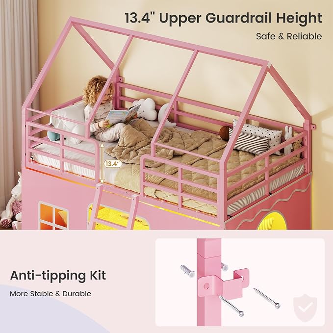 BTHFST Bunk Bed Twin Over Twin with Play Curtain, House Bunk Bed with LED Lights, Metal Kids Bunk Bed with Inclined Ladder and Guardrail, Space Saving, No Box Spring Needed, Pink