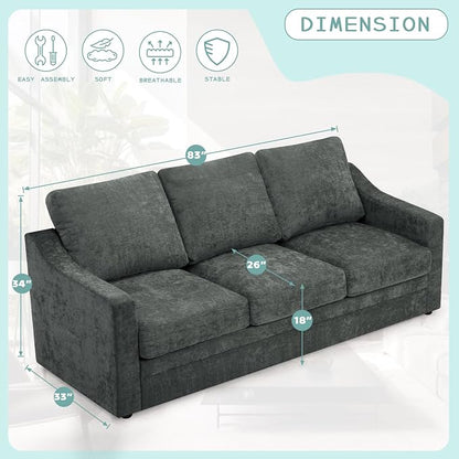 83” Chenille 3 Seats Sofa w/Comfortable Back Cushions, Grey | Modern Couch w/Deep Seat Space, Upholstered 8 Seater Sofa w/High Resiliency Foam for Living Room