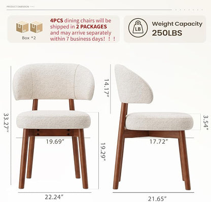 MALOL Wooden Dining Chairs Set of 4, Modern Upholstered Dining Room Chair, Fabric Kitchen Side Chairs with Curved Open Back for Living Room/Restaurant/Cafe, Beige