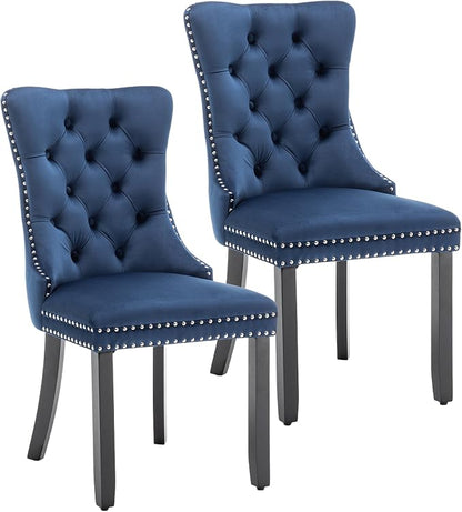 Mid Century Modern Dining Chair Set of 2 Velvet Upholstered Dining Accent Chair Farmhouse Dining Chairs with High Back and Nailhead Trim for Kitchen, Living Room, Bedroom (Blue)