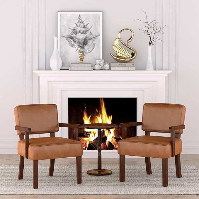 FAGAGA Accent Chairs Set of 2 with Table, PU Leather Living Room Chairs Oversize with Soft Seat and Armrests for Living Room Dinning Room Bedroom Reading Room Waiting Room
