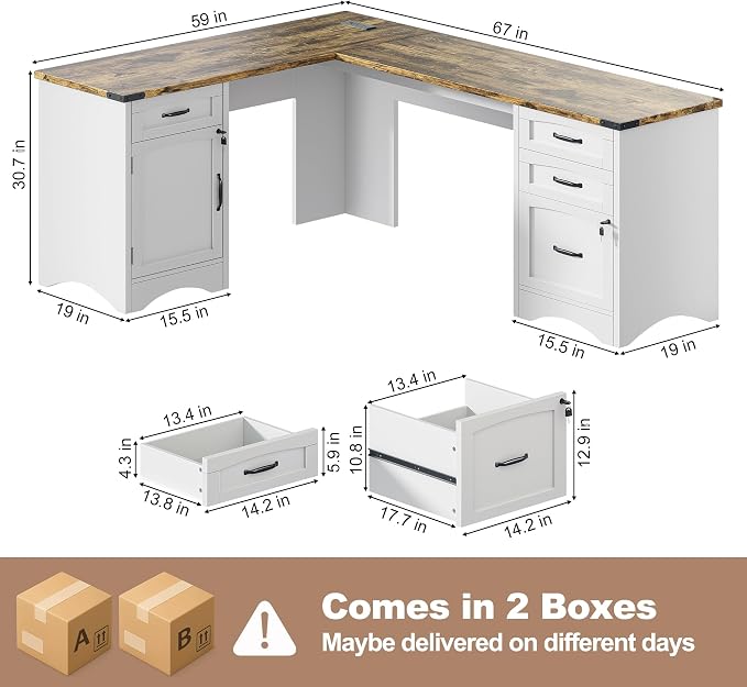 Decofy Farmhouse L Shaped Standing Desk with Storage Drawers, 67'' Corner Office Desk with File Cabinet & Charging Station, Wood Writing Computer Desk for Home Office, Study Room, White