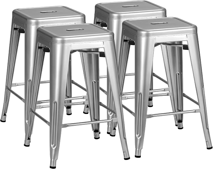Furmax 24 Inch Metal Bar Stools Set of 4, Counter Height Bar Stools Height High Backless Stools Industrial Stackable Bar Chairs for Dining Room Kitchen Indoor Outdoor Stools Bar Chairs (Sliver)