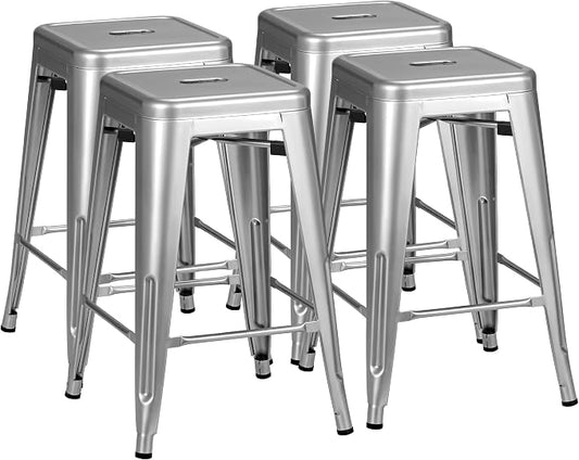 Furmax 24 Inch Metal Bar Stools Set of 4, Counter Height Bar Stools Height High Backless Stools Industrial Stackable Bar Chairs for Dining Room Kitchen Indoor Outdoor Stools Bar Chairs (Sliver)