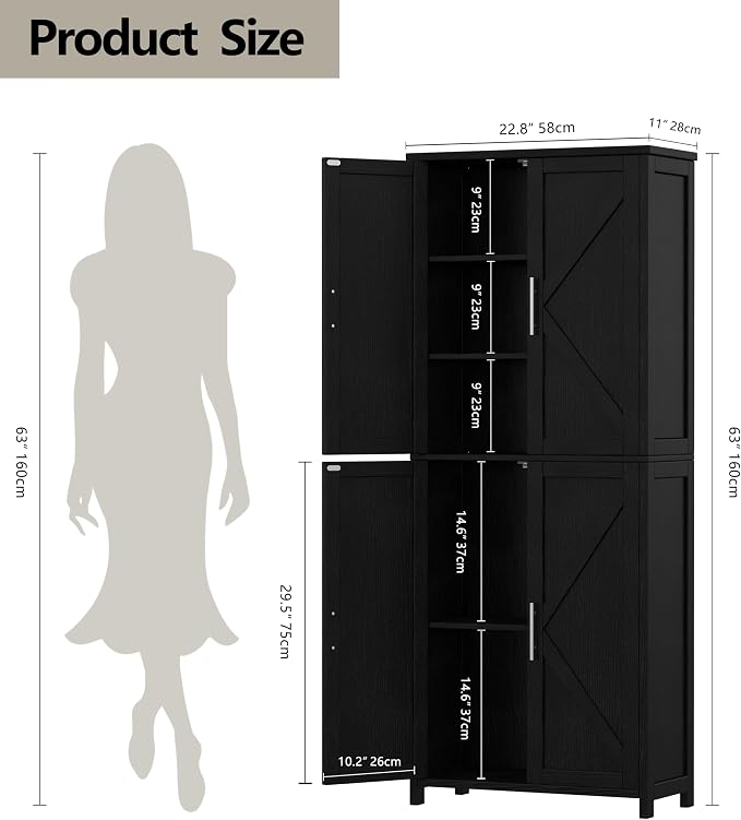 Akxomel Tall Bathroom Storage Cabinet, 11 x 22.8 x 63 Inches, Floor Cabinet with Barn Doors, Adjustable Shelf, Linen Pantry Cabinet for Kitchen, Laundry Room, Living Room, Entryway, Black