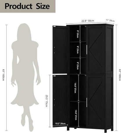 Akxomel Tall Bathroom Storage Cabinet, 11 x 22.8 x 63 Inches, Floor Cabinet with Barn Doors, Adjustable Shelf, Linen Pantry Cabinet for Kitchen, Laundry Room, Living Room, Entryway, Black