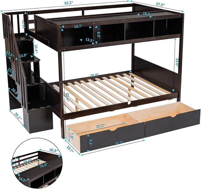 MERITLINE Twin Over Full Bunk Bed with Stairs, Storage Shelves and Drawers, Solid Wood Bunk Bed Frame with Storage, for Teens Adults (Espresso)