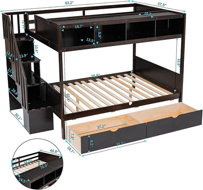 MERITLINE Twin Over Full Bunk Bed with Stairs, Storage Shelves and Drawers, Solid Wood Bunk Bed Frame with Storage, for Teens Adults (Espresso)