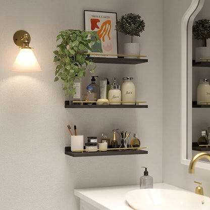 WOPITUES Floating Shelves with Gold Metal Guardrail, Shelves for Wall Decor Set of 3, Wall Shelves for Bedroom, Bathroom, Kitchen, Living Room, Plants, Picture Frames, Art- Black and Gold