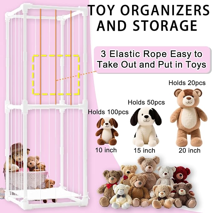 Large Stuffed Animal Storage Zoo Cage Holder, 19"x19"x56.3" Pre-Threaded Bungee Upgrade PVC Toy Organizers and Storage, Vertical Space Saving Plush Toys Zoo Holder, for Bedroom Playroom, White