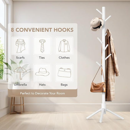 Hupmad Wooden Tree Coat Rack Stand,Sturdy Freestanding Coat Rack with 8 Hooks,3 Adjustable Height for Child Adult,Wood Coat Stand Tree Fits Entryway Bedroom Office for Bags,Hats, 2 Pack