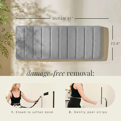 Hearth & Harbor Wall Mounted Queen Headboard Only, Bed Headboard Queen Size | Easy Assemble, Floating Peel and Stick, Upholstered, Channel Stitched, 3D Wall Panels, 5 Strips of 3M Tape Included, Silver
