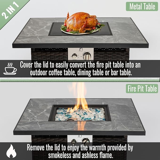 GDFStudio 30" Propane Gas Fire Pit Table, 50,000 BTU Square Outdoor Gas Firepit with Ceramic Tile Top, Wicker Base, Lid & Rain Cover for Patio Deck Backyard Garden, Brown