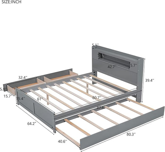 GDFStudio Queen Size Storage Bed with LED Headboard, 2 Drawers and Twin Trundle, Modern Wooden Platform Bed Frame for Bedroom Organization, No Box Spring Needed, Easy Assembly, Gray