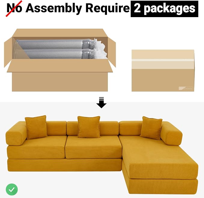 ivoros 108" Oversized Convertible Sleeper Sofa Bed, Corduroy L Shape Sectional Couch, Folding Sofa Bed with Fixed-Shape Frame, Modern Cloud Floor Mattress Couch, Modular Sofa for Living Room, Yellow
