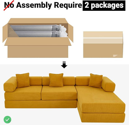 ivoros 108" Oversized Convertible Sleeper Sofa Bed, Corduroy L Shape Sectional Couch, Folding Sofa Bed with Fixed-Shape Frame, Modern Cloud Floor Mattress Couch, Modular Sofa for Living Room, Yellow