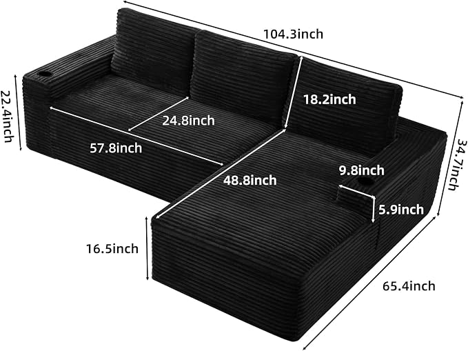 104" L Shaped Boneless Sectional Couches for Living Room, Comfy Corduroy Floor Cloud Sofa with Chaise and Cup Holder, Wide Armrest, Deep Seat, Assembly Free, Ideal for Small Spaces, Black