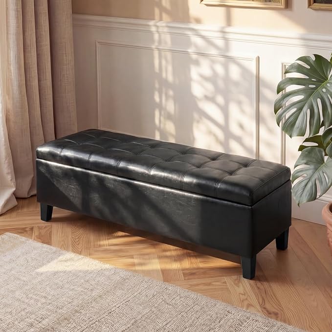 Asense 45" Storage Ottoman Bench,Faux Leather Upholstered Ottoman with Legs,Tufted Ottoman with Safety Hinge,Storage Bench for Bedroom,Living Room,Entryway,Black