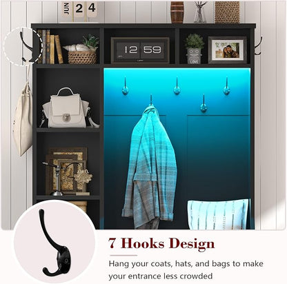 CSZZD Hall Tree with Bench and Shoe Storage, Farmhouse Entryway Bench with Coat Racks and Led Lights, Black Tall Hall Tree with 7 Coat Hooks, 6 Storage Cubbies, Adjustable Shelf