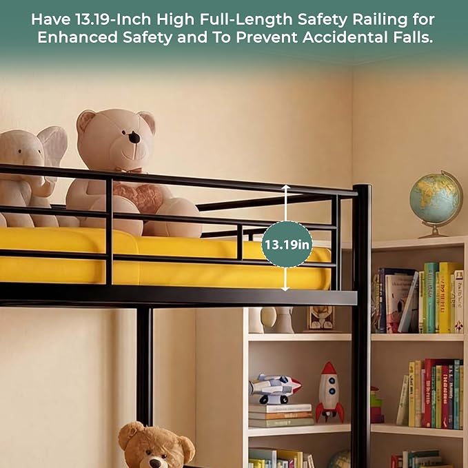 Bunk Bed with Trundle, Metal Twin Bunk Beds with Guardrail and Ladder for Kids/Teenagers/Adults, Space-Saving Bunk Bed Can be Split Into 3 Beds, No Box Spring Needed(Black, with Trundle)