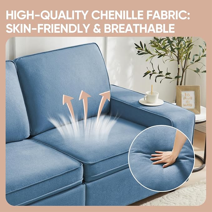 Waxberry 71" Chenille Loveseat Sofa Couch for Living Room with Seat Storage, Modern 2-Seater Deep Seat Sofa with Side Pockets & Type-C/USB Ports, Detachable Backrest for Office, Apartment (Blue)