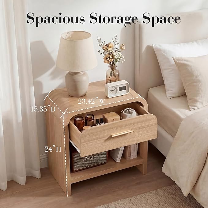 Night Stand [Unique Curved Profile] [FSC-Certified Wooden Board] 1-Drawer and 1 Storage Shelf Nightstand 24" H Metal Handle Modern Bedside Table Side Table End Table