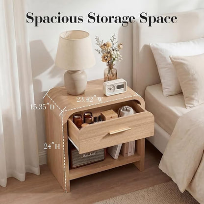 Night Stand Set of 2 [Unique Curved Profile] [FSC-Certified Wooden Board] 1-Drawer and 1 Storage Shelf Nightstand 24" H Metal Handle Modern Bedside Table Side Table End Table for Bedroom