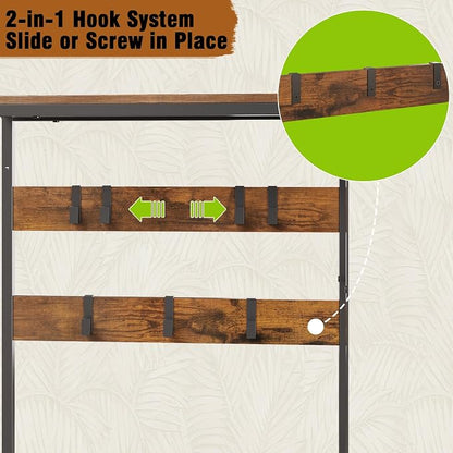 Espelism Hall Tree with Shoe Storage Bench Coat Rack with 7 Hooks Interchangeable 4 Tier Side Storage Shelves Small Cute Side Bench Industrial 5-in-1 Entryway Coat Rack for Hallway Mudroom Bedroom