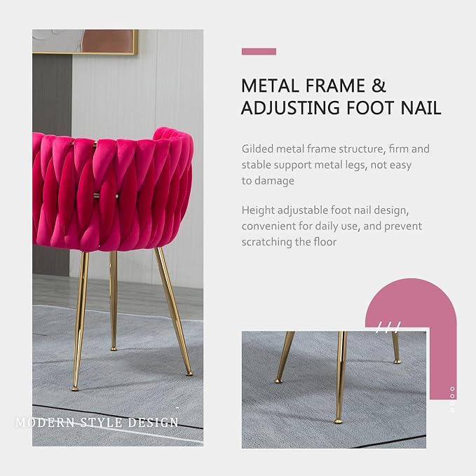 Velvet Dining Chairs Set of 2, Modern Upholstered Dining Room Chairs with Golden Metal Legs and Woven Backrest for Dining Room, Kitchen, Vanity, Living Room (Rose Red)