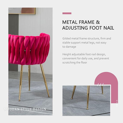 Velvet Dining Chairs Set of 2, Modern Upholstered Dining Room Chairs with Golden Metal Legs and Woven Backrest for Dining Room, Kitchen, Vanity, Living Room (Rose Red)
