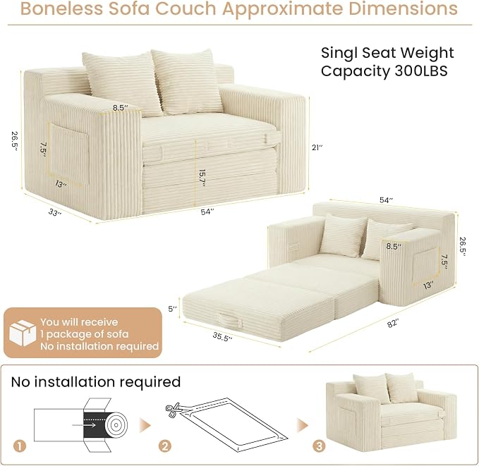 Boneless Loveseat Sofa Bed, Tri-Folding Convertible Futon Sleeper with Handle & Side Pockets, 54'' Boneless Couch with Hook and Loop No Assembly for Small Space,Living Room & Bedroom