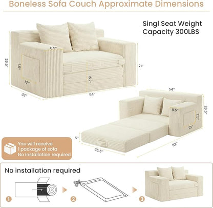 Boneless Loveseat Sofa Bed, Tri-Folding Convertible Futon Sleeper with Handle & Side Pockets, 54'' Boneless Couch with Hook and Loop No Assembly for Small Space,Living Room & Bedroom