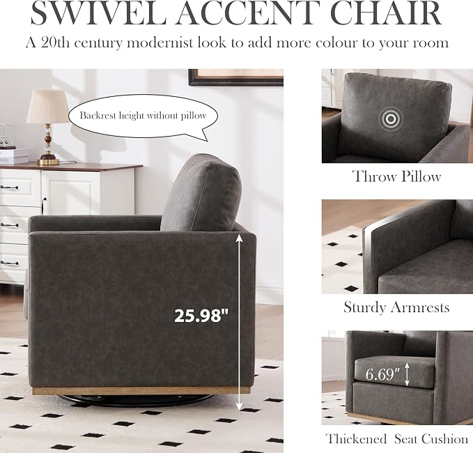 Aoiy & Wifon 30.7" W Swivel Accent Chair Set of 2, Mid Century Modern Swivel Chairs for Living Room, Comfy Small Accent Chair, PU Leather, Gray
