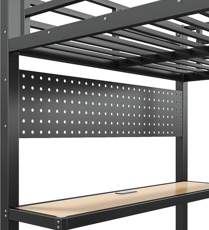 Bellemave Full Size Loft Bed with Desk,with USB Ports, Lights, and Hanging Rod, Cave Board Design, Metal Full Loft Bed Frame for Adults, Kids, Teens, Black