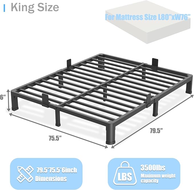 Yitong Angel 6 inch King Size Bed Frame with Round Corner Legs Mattress Slide Stopper,Low Profile Heavy Duty Metal Platform,Steel Slat Support,No Box Spring Needed,Easy Assembly,Noise Free