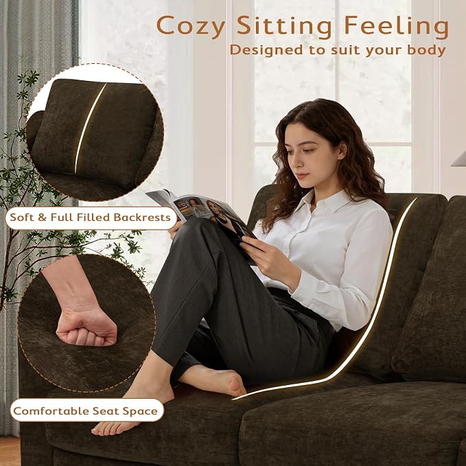67” Chenille Loveseat Sofa w/Comfortable Back Cushions, Brown | Modern 2-Seat Couch w/Deep Seat Space, Upholstered 2 Seaters Sofa w/High Resiliency Foam for Living Room