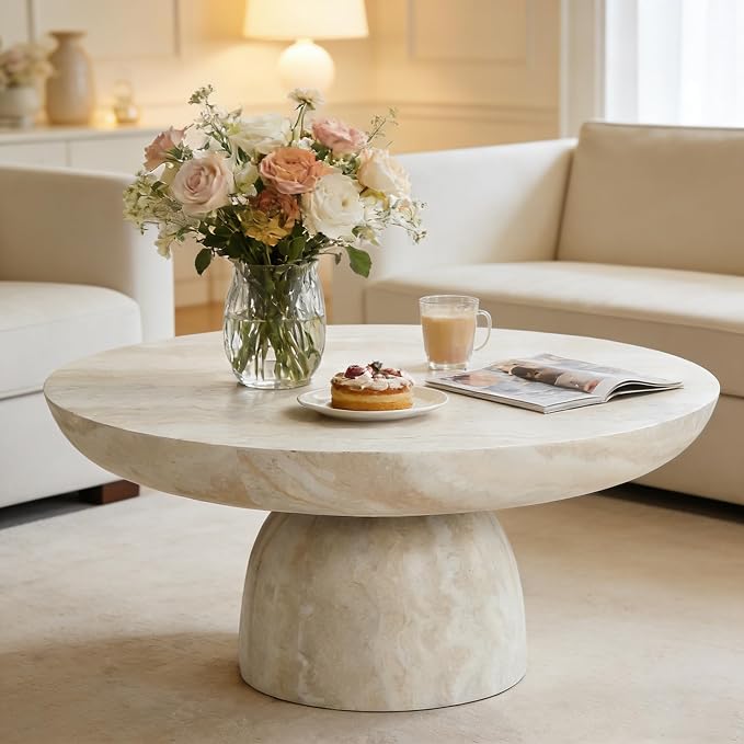 35.43" Round Marble Coffee Table, Modern Pedestal Coffee Table Faux Stone Drum Center Table with Base, Accent Concrete Side End Table for Living Room Apartment Home Office
