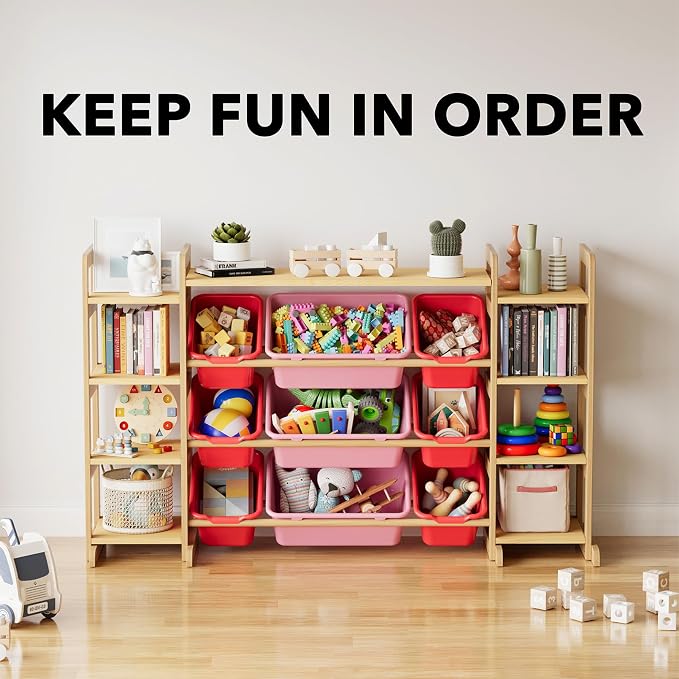 SpaceAid Large Toy Storage Organizer 9 Shelves 9 Bins, Toy Organizers Storage Bookshelf, Kids Bin Shelf Toys Box Bookcase for Bedroom Playroom Organization Room Decor, Red and Pink