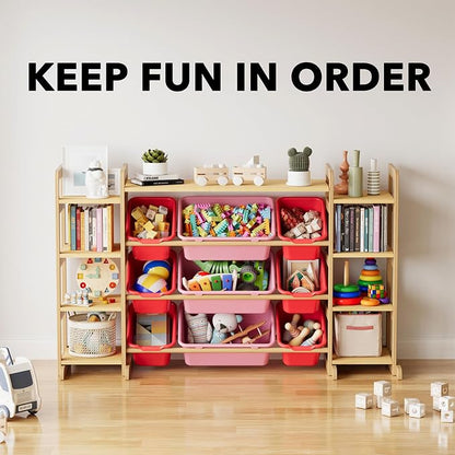 SpaceAid Large Toy Storage Organizer 9 Shelves 9 Bins, Toy Organizers Storage Bookshelf, Kids Bin Shelf Toys Box Bookcase for Bedroom Playroom Organization Room Decor, Red and Pink