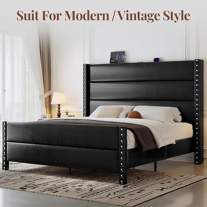 Queen Bed Frame with Storage Shelf & Charging Station, 55" Tall Headboard & 25.6" Footboard, Faux Leather Upholstered Platform Bed with Big Rivets Wingback, Heavy Duty & Noise-Free, Black