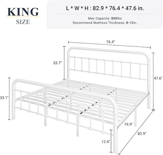 Allewie King Size Metal Platform Bed Frame with Victorian Style Wrought Iron-Art Headboard/Footboard, No Box Spring Required, White