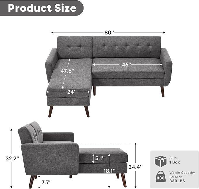 Kingfun L Shaped Couch, 80" W Mid-Century Modern Sofa, Sectional Couches, 3 Seater Sofas with Wide Chaise Lounge, Button Tufted Upholstered Sectional Sofa for Living Room, Bedroom, Gray