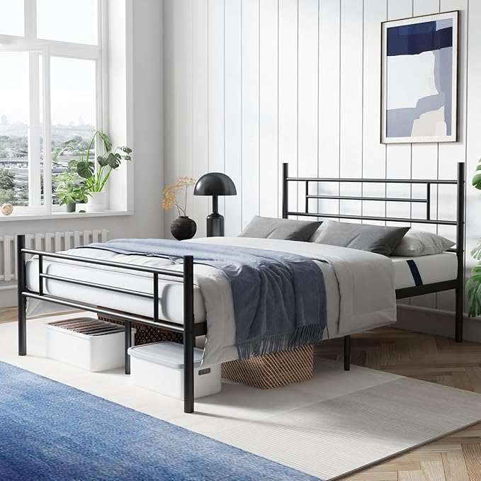 Avenco Metal Platform Bed Frame Full Size with Classical Headboard and Footboard, 14 Inch, Under Bed Storage, Strong Metal Slats Support, Mattress Foundation, No Box Spring Needed