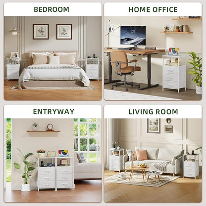 Somdot White Nightstand with Charging Station and LED Light for Bedroom, Tall 3 Drawers Dresser with Fabric Bins for Bedside Kids Dorm Room Closet Laundry Entryway, White Leather