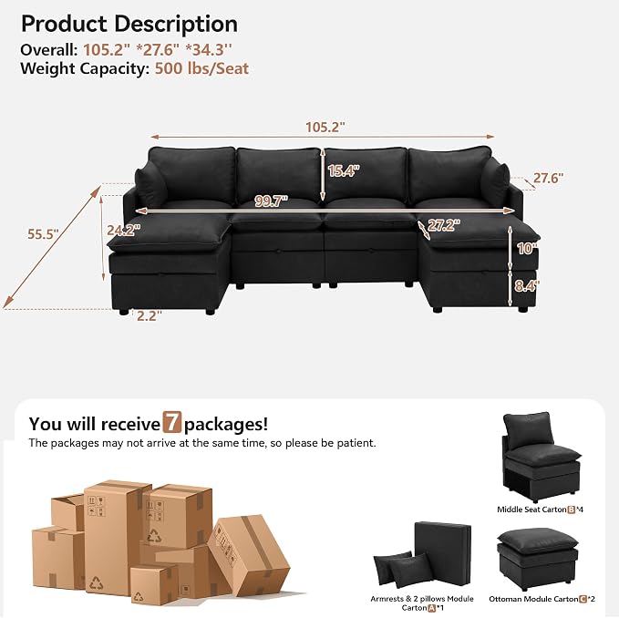105" Black Faux Leather Storage 4 Seater Sofa with 2 Ottomans, Comfy Couch | Convertible Modular Sectional Sofa, U Shaped Oversized Couch, Upholstered Large Cloud Couch For Living Room, Apartment.